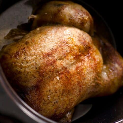 A whole chicken in a slow cooker.