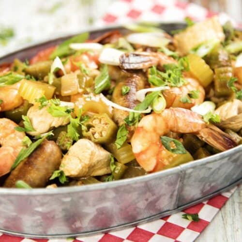 Jambalaya served in a tin bowl