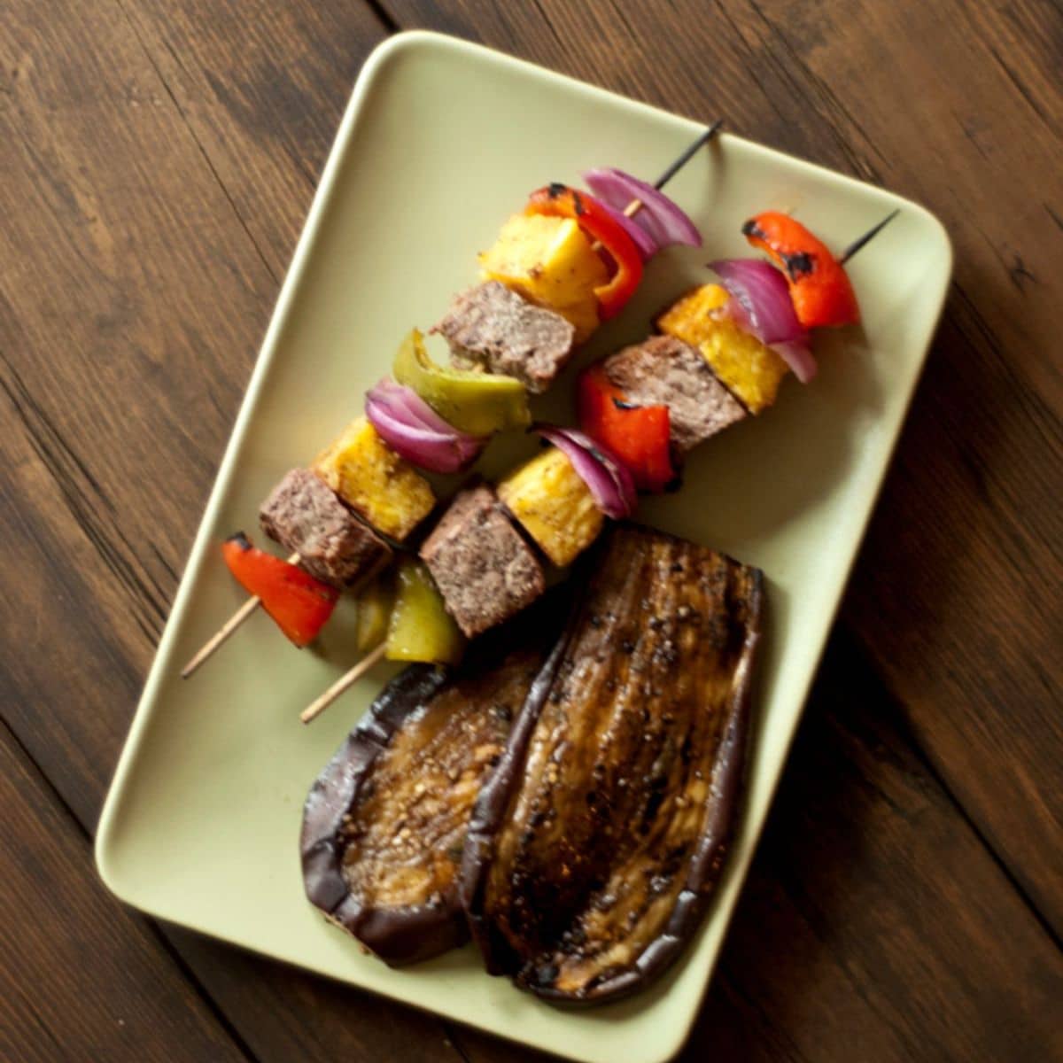 Beef kabobs eggplant in a dish