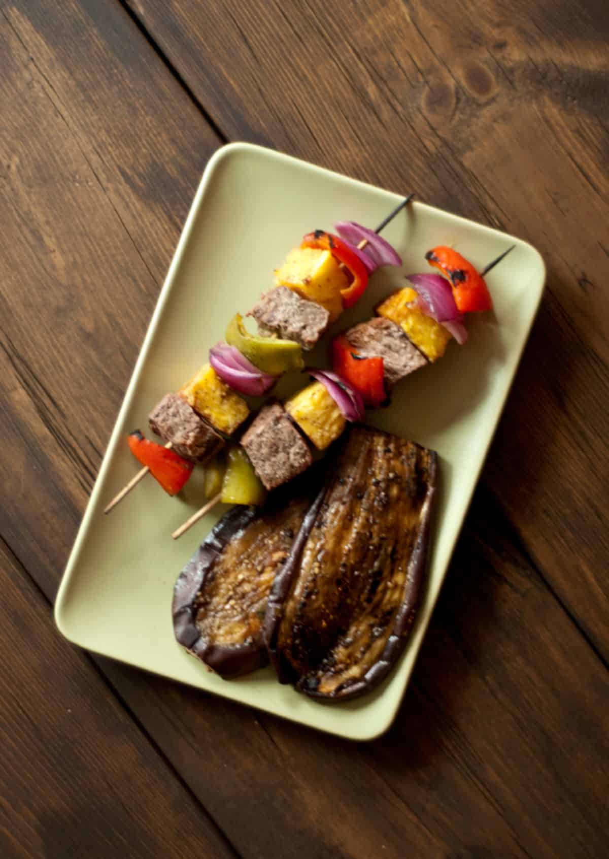 Beef kabobs eggplant served