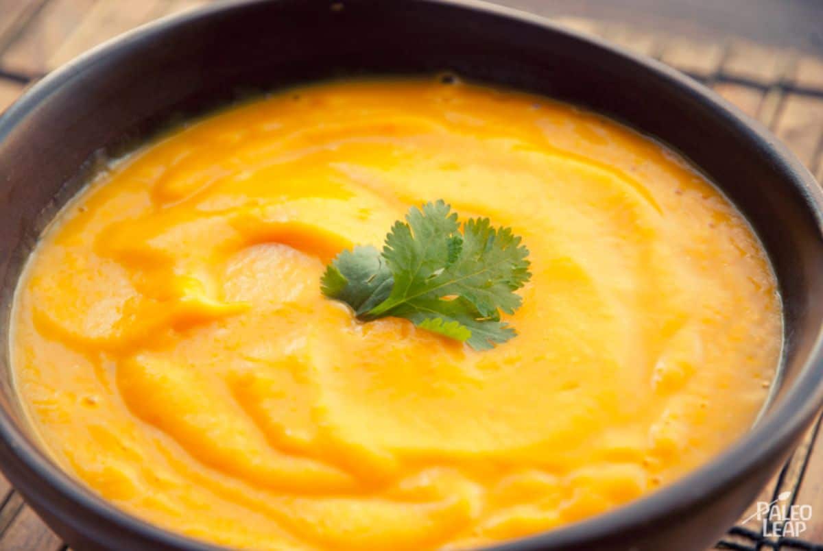 Butternut Squash Soup served in a black bowl