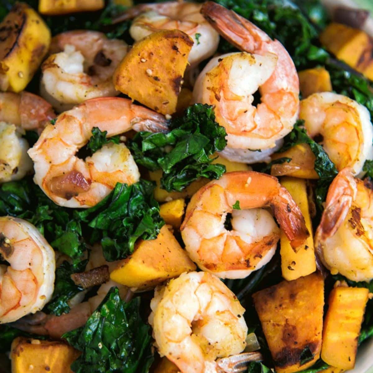 Shrimp, Sweet Potato And Kale Bowl Recipe featured