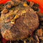 bison and coffee roast on red plate with mushrooms
