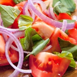 closeup of Basil and tomato salad