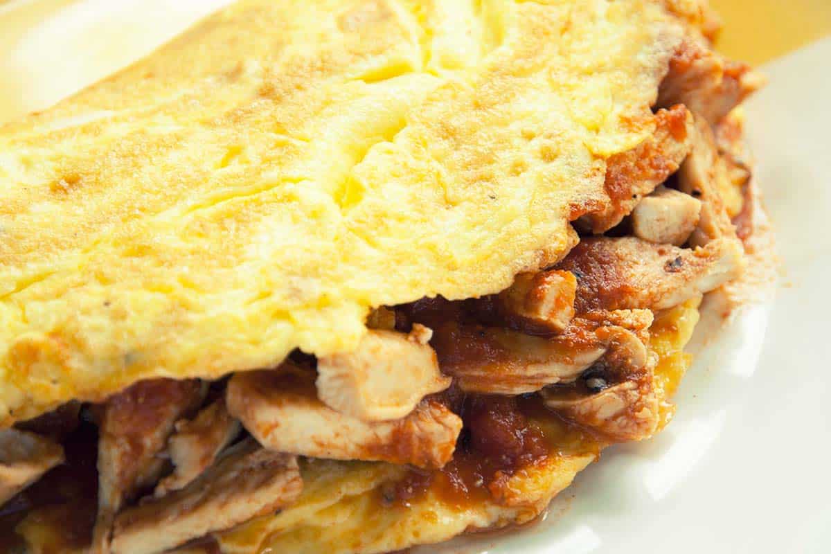 closeup of a white plate filled with Mexican Chicken Omelet