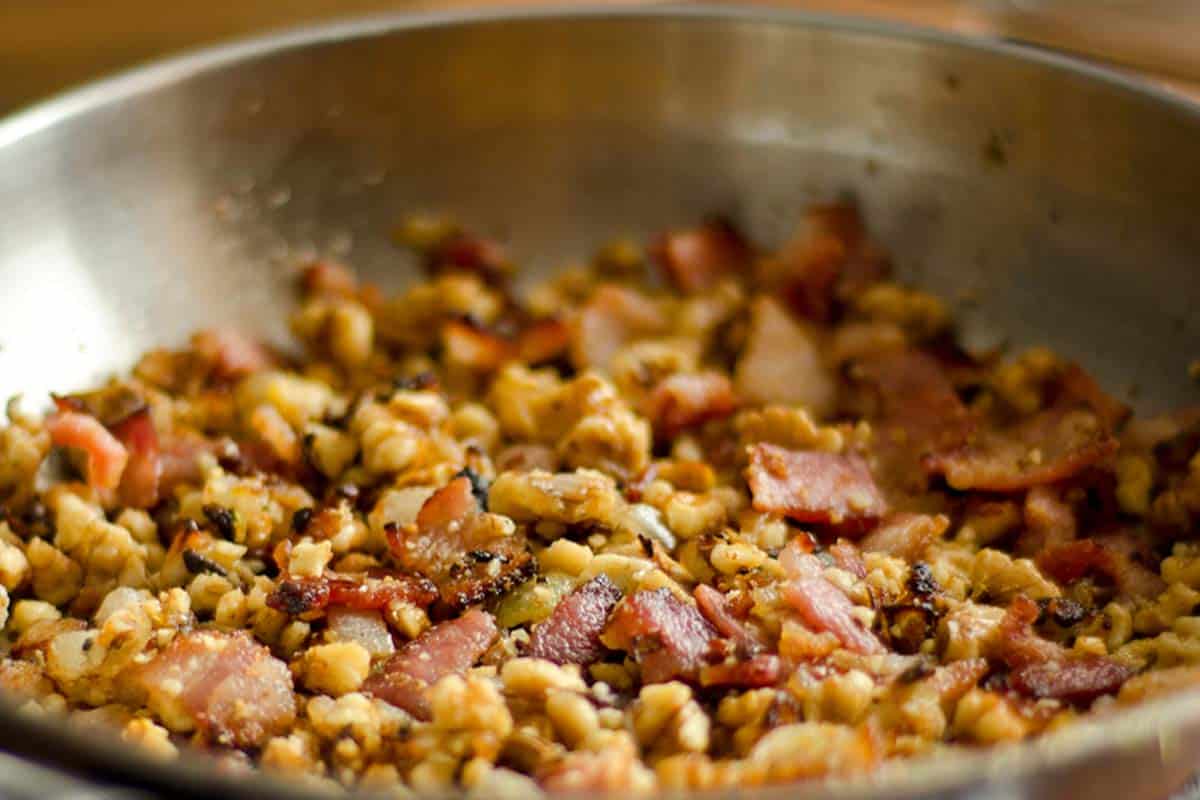 bacon and chestnut dressing in a pan 
