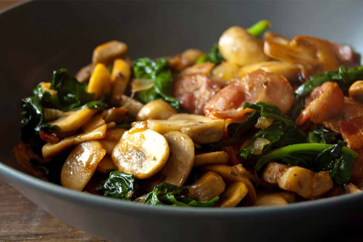closeup of Bacon, Spinach and Mushroom Casserole in a bowl