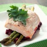 plate of paleo Baked salmon with asparagus and roasted beets