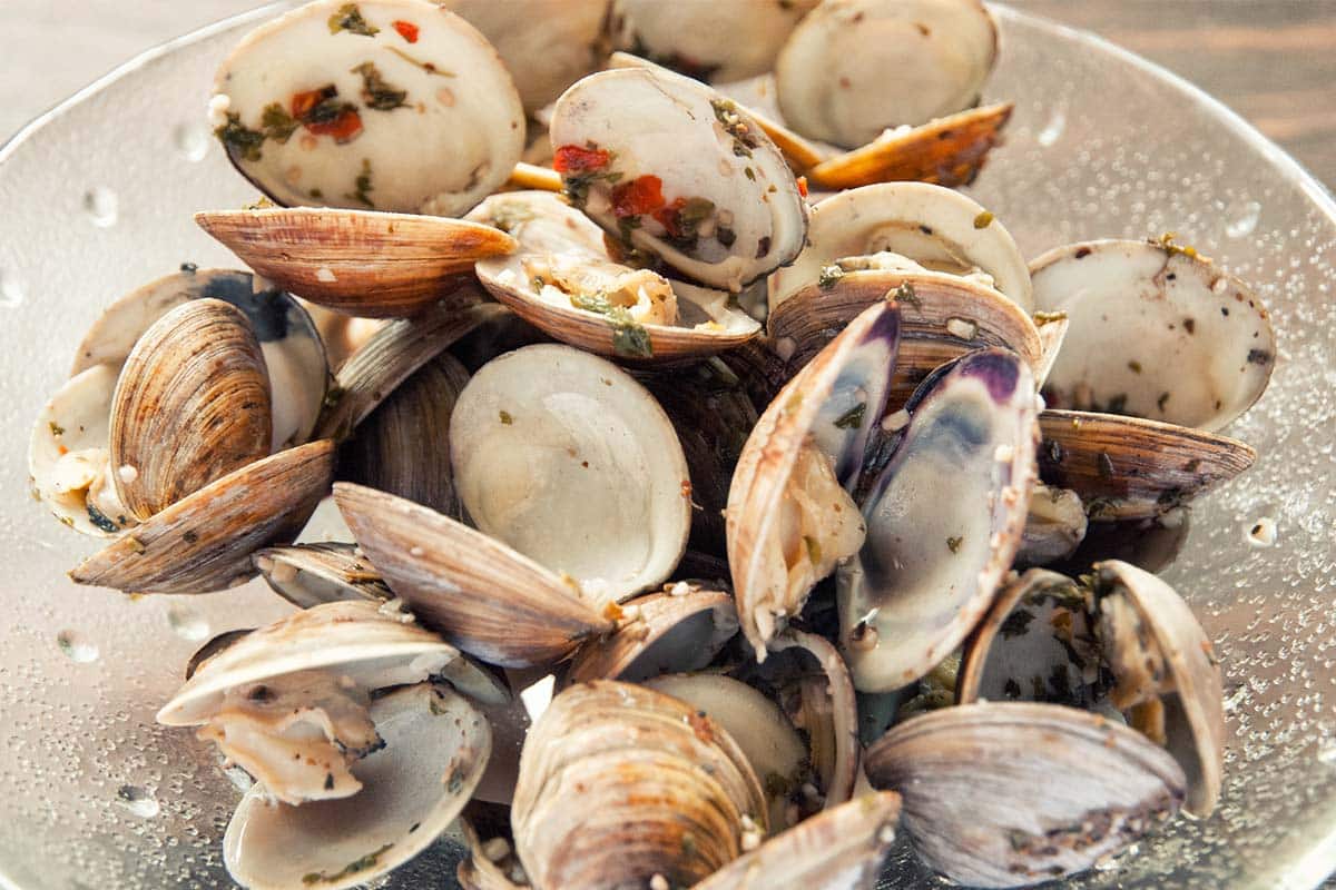 Italian Clams served on a glass dish