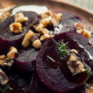 plate with a serving of beets with walnut and dill dressing