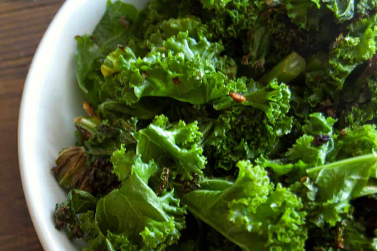 closeup of white bowl filled with Sautéed Kale