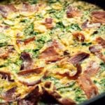 closeup of a pan full of Bacon and Spinach Frittata