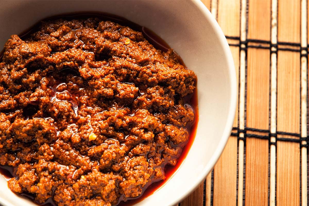 overhead closeup view of a white bowl filled with Berbere