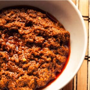 overhead view of Berbere meat sauce