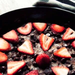 closeup of a pan filled with dark chocolate frittata