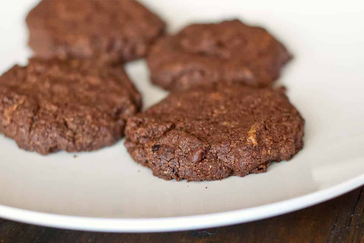 Double chocolate cookies on a white plate