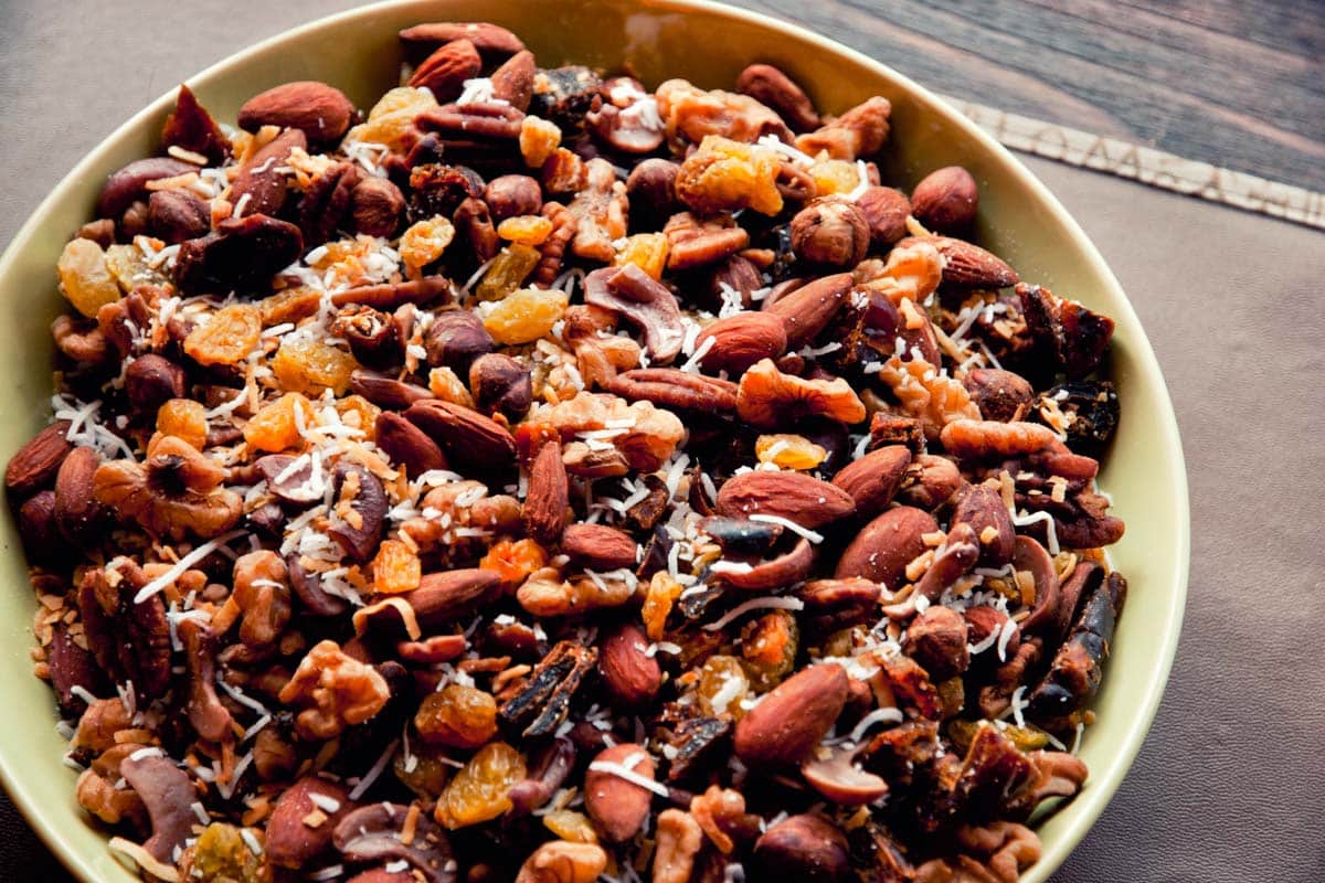 white bowl filled with Grain free granola on a wood table