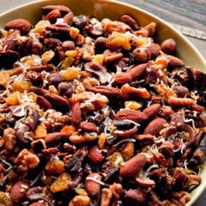 closeup of a white bowl filled with Grain free granola