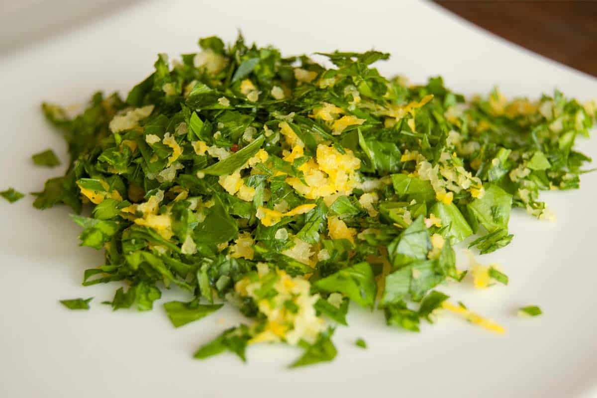 closeup of the Gremolata on a white plate