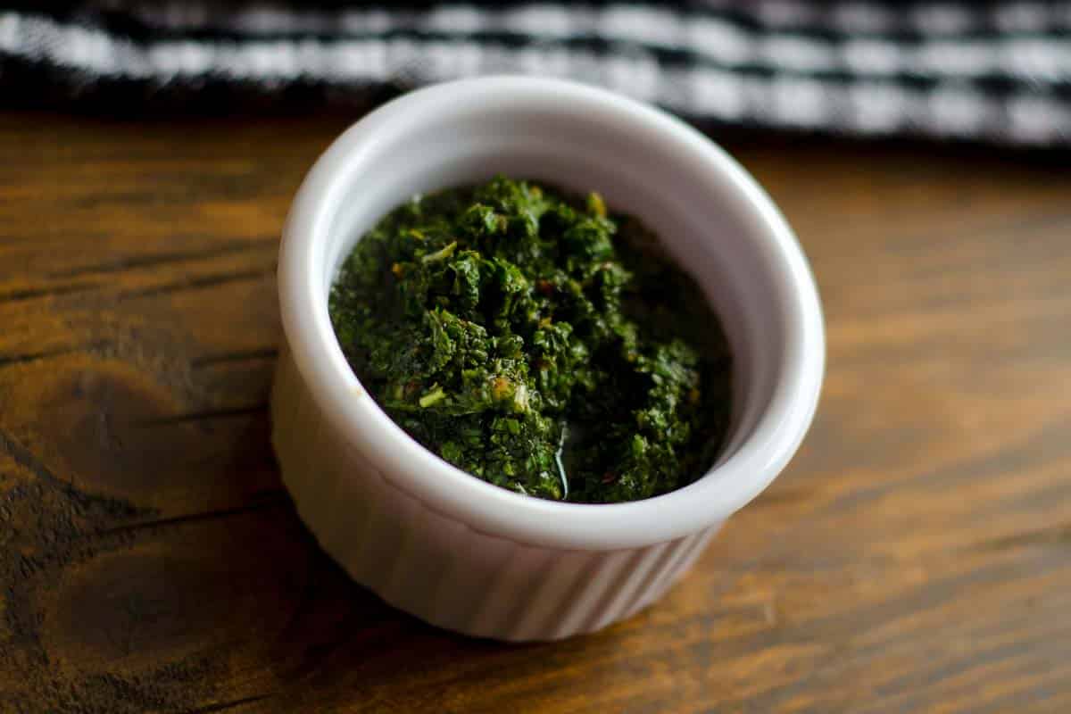 overhead view of ramekin of Mint sauce