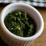 overhead view of Mint sauce in a ramekin on a table