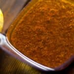 overhead view of a Orange chicken marinade in a glass bowl