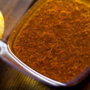 overhead view of a Orange chicken marinade in a glass bowl