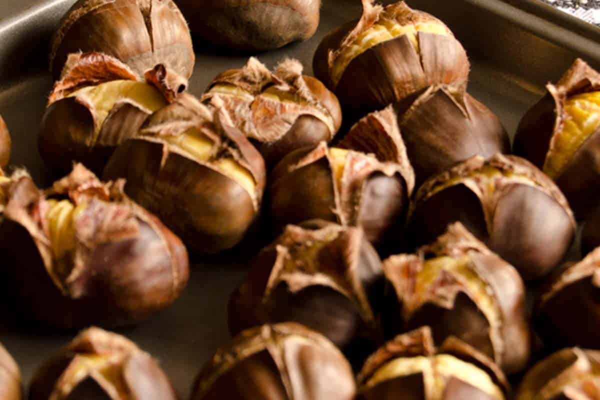 closeup of Roasted Chestnuts after baking