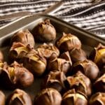 Roasted Chestnuts served on a baking sheet