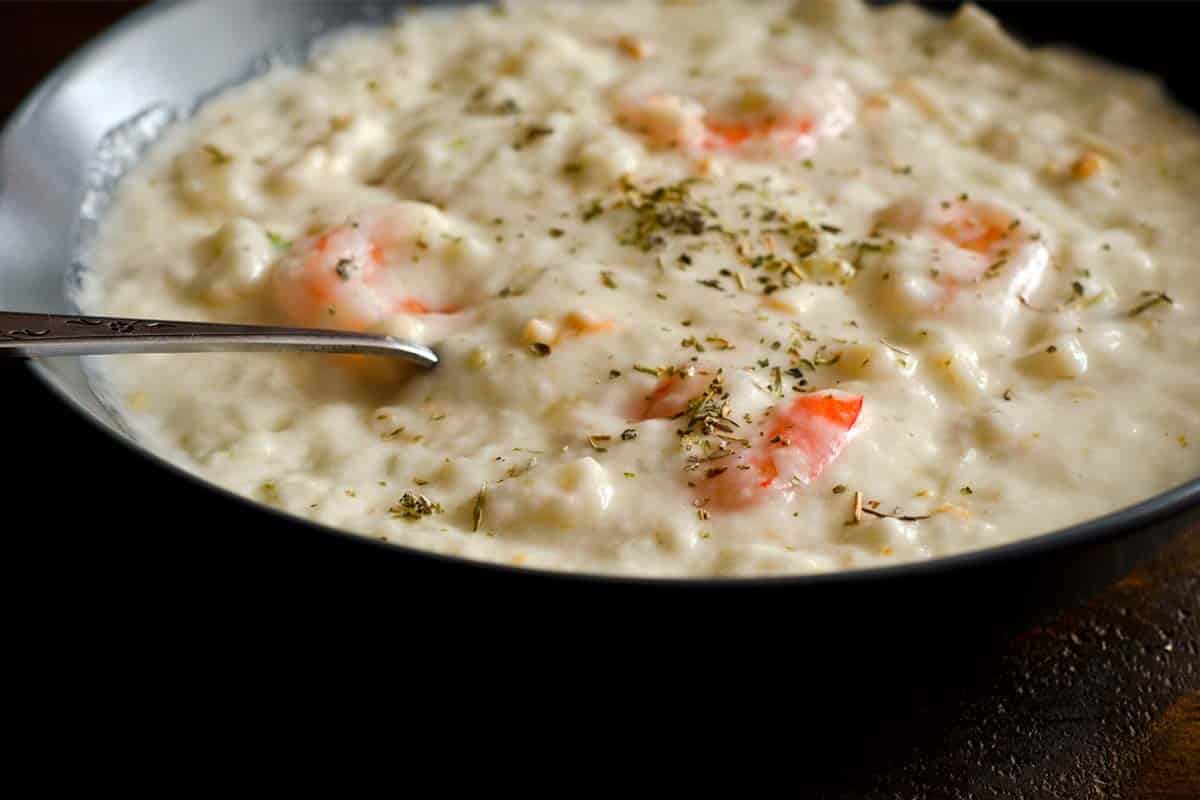 closeup of Shrimp and salmon chowder in a bowl