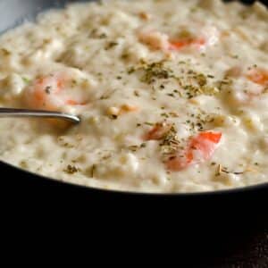 closeup of a bowl of Shrimp and salmon chowder