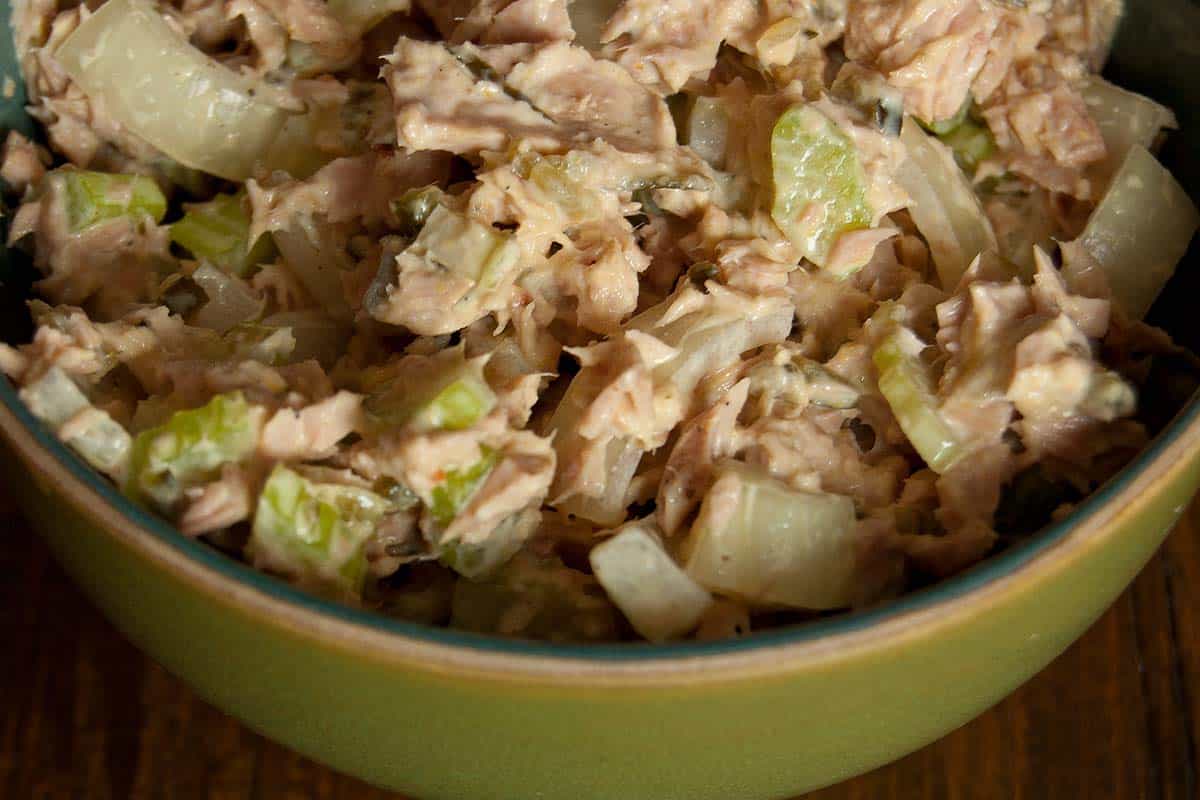 closeup of Classic Tuna Salad in a green bowl